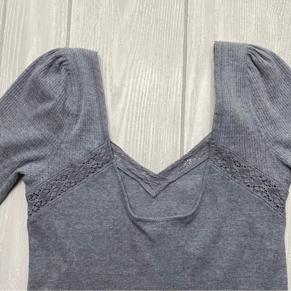 Free People Womens Margaux Charcoal Gray Ribbed Stretchy Pullover Top Size Small